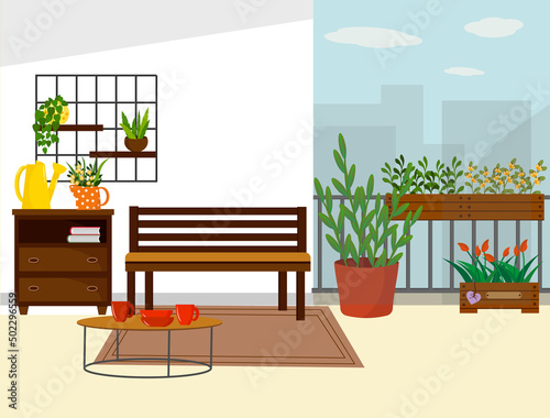 The interior of the balcony is a sofa, a tea table and a chest of drawers with flowers. Seating area with flowers and seedling boxes. Vector illustration. For use in brochures, flyers, advertising