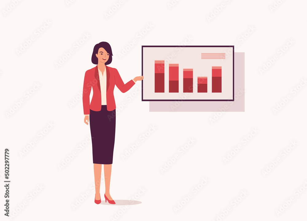 One Smiling Businesswoman In Red Blazer Presenting About Statistics With Graphs Shown On Presentation TV. Isolated On Color Background. Full Length, Flat Design, Character, Cartoon. One Smiling Businesswoman In Red Blazer Presenting About Statistics With Graphs Shown On Presentation TV. Isolated On Color Background. Full Length, Flat Design, Character, Cartoon.