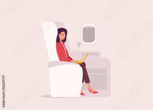 One Businesswoman In Red Coat Working With Laptop On First Class Airplane. Full Length, Flat Design, Character, Cartoon.