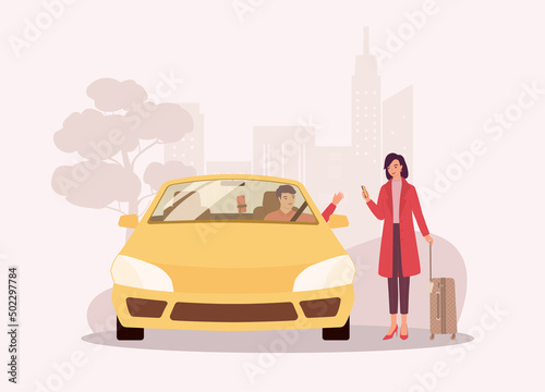 Businesswoman With Luggage Using Mobile Phone Hailing Car Ride In City Street. Male Driver In Yellow Car Picking Up Customer. Full Length, Flat Design, Character, Cartoon.