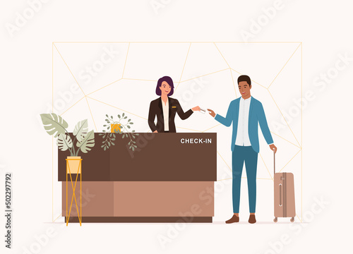 Black Businessman With Luggage Checking-In At Luxury Hotel With Friendly Female Receptionist At Front Desk. Full Length. Flat Design, Character, Cartoon.