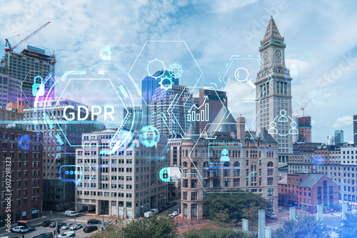 Financial downtown city view panorama of Boston from Harbour area at day time, Massachusetts. GDPR hologram is a data protection regulation and privacy for all individuals within the European Union