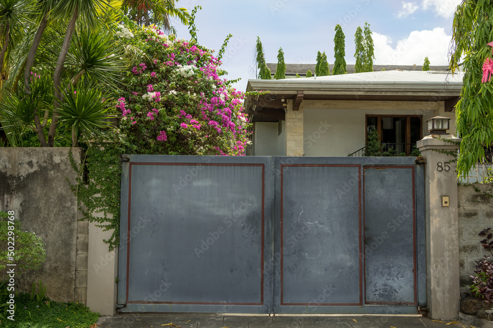 Shot of a vintage house garage entrance with a beautiful adorning decorative bougainvillea tree. 