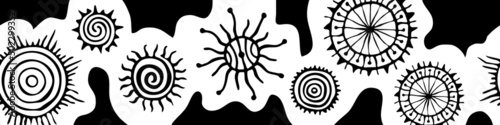 Ethnic background, sun symbols. Seamless border, vector design. 