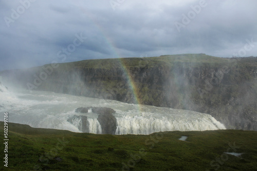 Rainbow in the golden waterfall in iceland