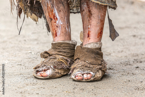 Canvas Print Close-up details of an authentic cosplay costume of a medieval leprosy invalid a