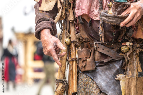 Fotografie, Obraz Close-up details of an authentic cosplay costume of a medieval leprosy invalid a