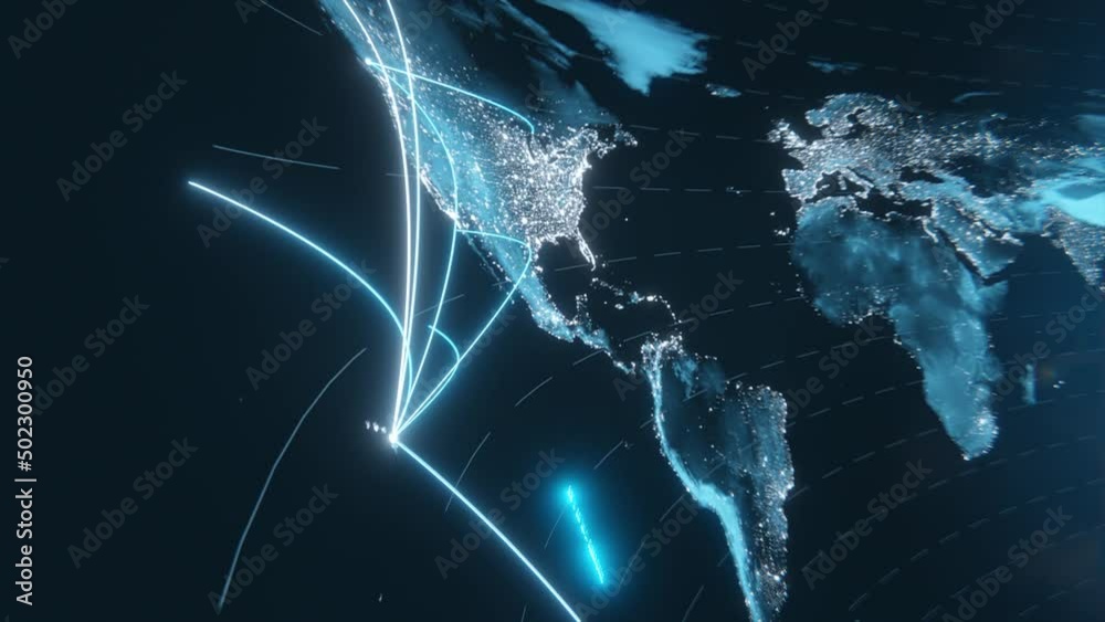 Tech earth globalization in 3d animation. Global Business dots on rotating planet.