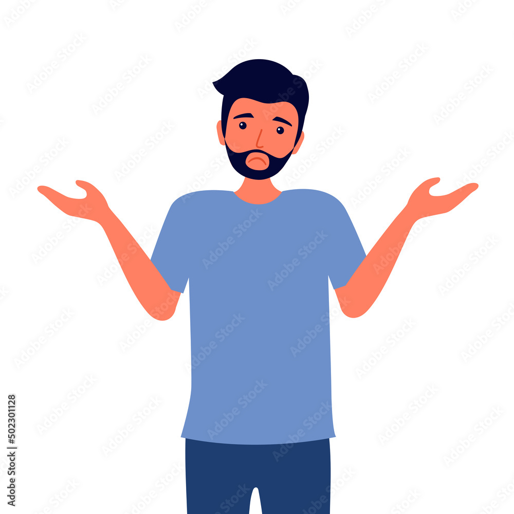 Young man spread his arms and shrugging his shoulders in flat design on white background. Gesture of opps, sorry or do not know.