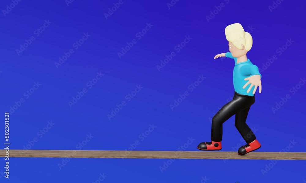 3D Character. Man walking on narrow plank. Take risks. Risk encounter concept. Fun and exciting in business. 3D Rendering
