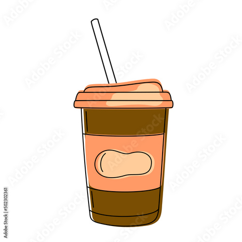 Vector illustration of a hand drawn paper cup with straw isolated ona white background.