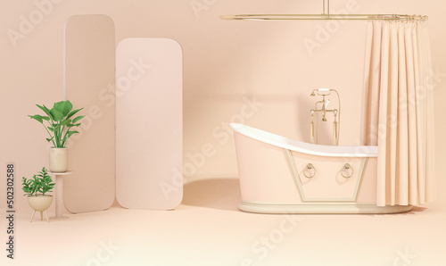 Peach Fuzz is color trend of the Year 2024. vintage bathtub on beige and pink  background. Stylish eco interior of bathroom with plant pot and leaves. Advertisement idea. Creative composition. 