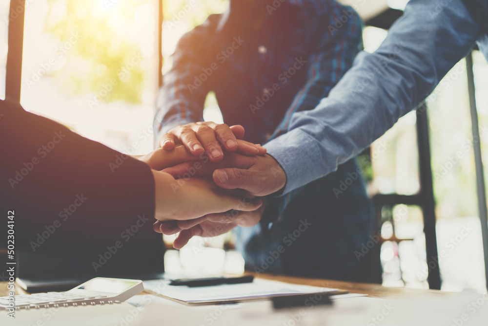 Obraz premium Stack of hands. Unity and teamwork concept.