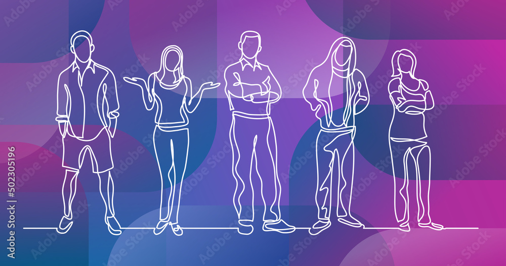 continuous line drawing of group of standing people