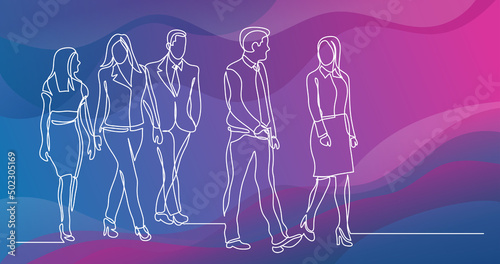 continuous line drawing of business team walking together discussing work
