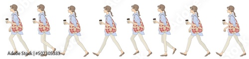 Walk cycle illustration of a young woman with a drink cup