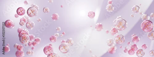 Obraz Molecule inside bubbles on soft background, concept skin care cosmetics solution. 3d rendering.