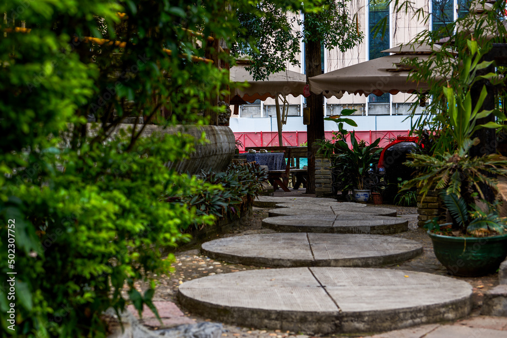 Close-up of circular walkway in a Chinese garden