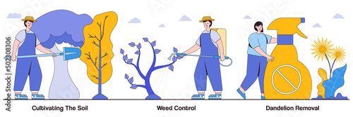 Cultivating the Soil, Weed Control, Dandelion Removal with People Characters Illustrations Pack