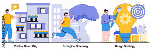 Vertical Green City, Ecological Greenway, Design Strategy with People Characters Illustrations Pack