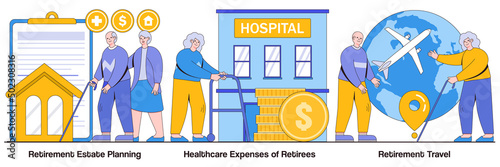 Retirement Estate Planning, Healthcare Expenses of Retirees, Retirement Travel with People Characters Illustrations Pack