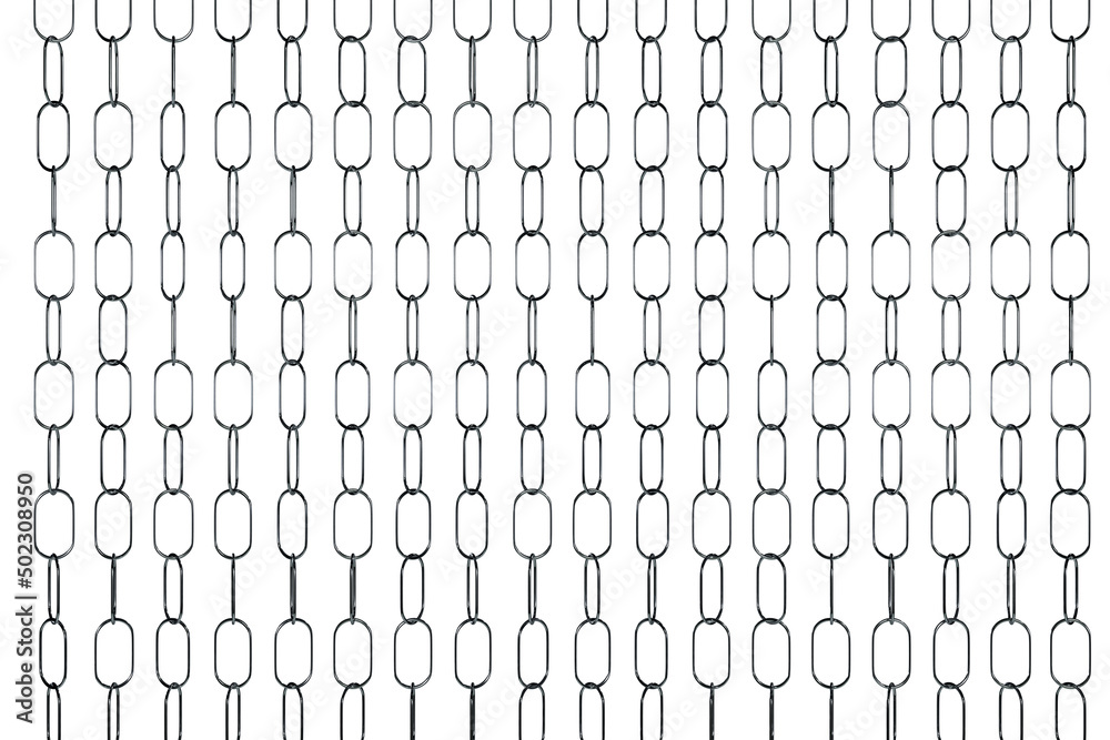 3d illustration of rows of silvery metal chains. Set of chains on a white background. Geometric pattern. Technology geometry background 3d illustration of rows of silvery metal chains. Set of chains on a white background. Geometric pattern. Technology geometry background