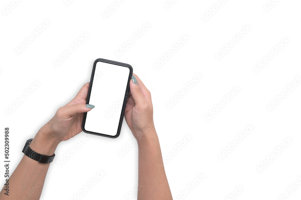Woman hands holding mobile isolated on white background. Blank screen for graphics display montage.