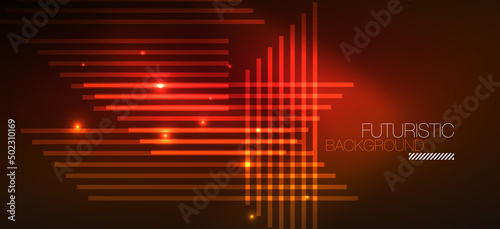 Background neon glowing lines and geometric shapes. Lights in the dark wallpaper for concept of AI technology, blockchain, digital, communication, 5G, science