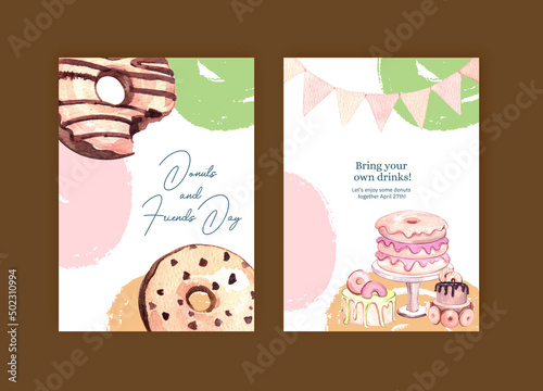Invitation card template with donut party concept,watercolor style