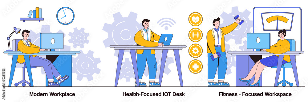 Modern Workplace, Health-Focused Iot Desk, Fitness-Focused Workspace with People Characters Illustrations Pack