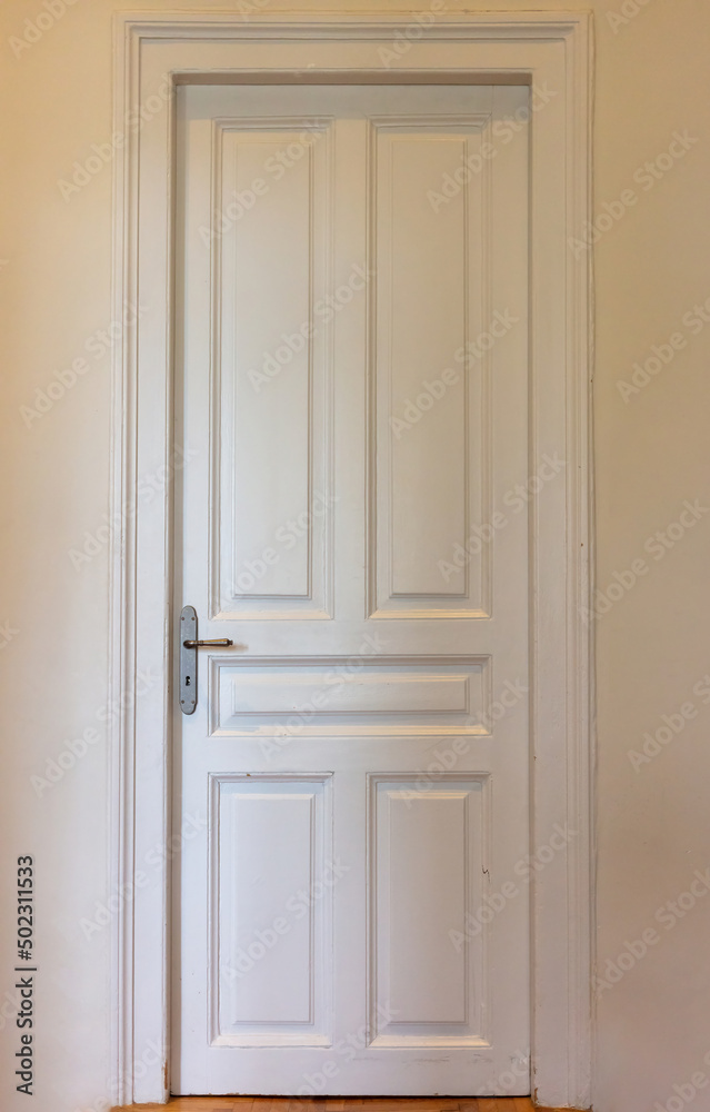 Closed door on house wall background. Interior retro white tall door, front view.
