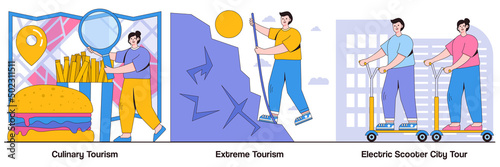 Culinary Tourism, Extreme Tourism, Electric Scooter City Tour with People Characters Illustrations Pack