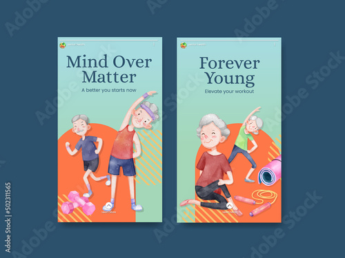 Instagram template with senior health fitness concept,watercolor style