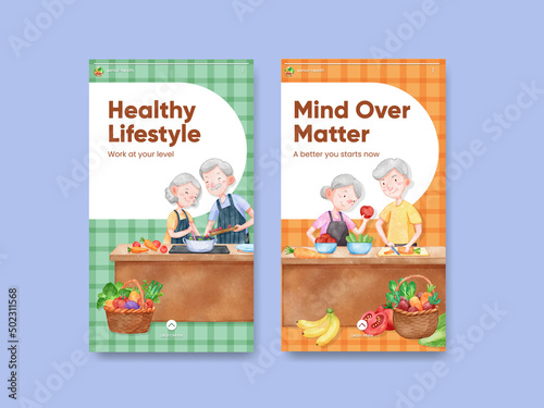 Instagram template with senior health fitness concept,watercolor style
