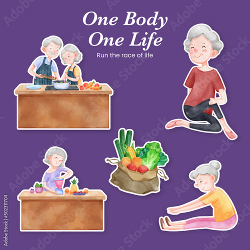 Sticker template with senior health fitness concept,watercolor style
