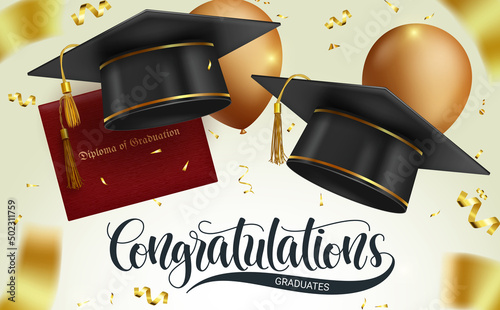 Graduation vector concept design. Congratulations graduates text in mortarboard cap, balloons and diploma holder background for ceremony celebration greeting decoration. Vector illustration.
