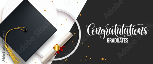 Graduation greeting vector background design. Congratulations graduates text in black and white decoration with 3d cap, diploma and podium elements for college grad celebration. Vector illustration.
