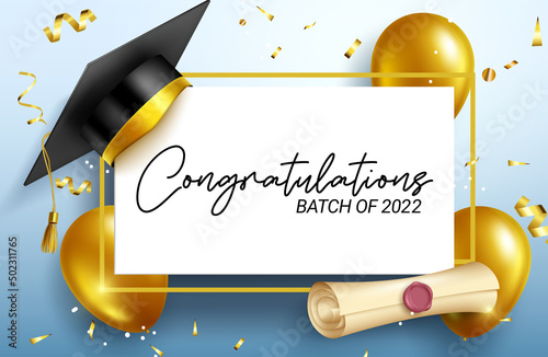 Graduation messages vector template design. Congratulations batch of 2022 text in white board space with 3d cap, diploma and balloons for college grad celebration greeting. Vector illustration.
