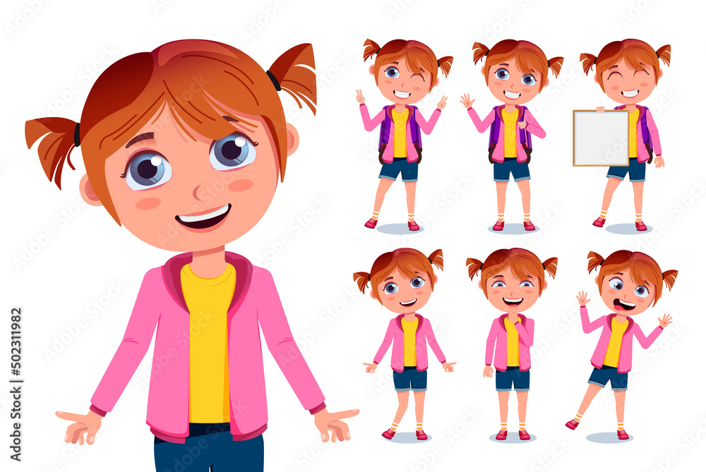 School kids vector character set design. Student girls characters in cute and friendly faces with standing pose and gesture for back to school girl collection. Vector illustration.
School kids vector character set design. Student girls characters in cute and friendly faces with standing pose and gesture for back to school girl collection. Vector illustration.