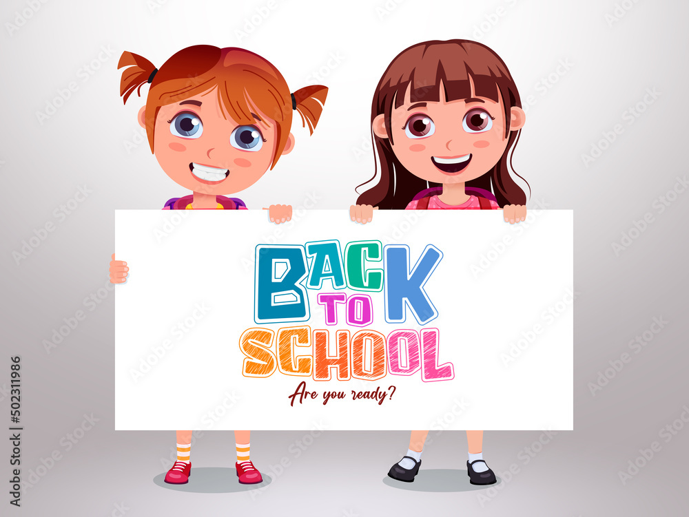 School girls character vector design. Back to school text in white board with female student in standing, showing and holding pose for educational friendly characters and messages. Vector illustration School girls character vector design. Back to school text in white board with female student in standing, showing and holding pose for educational friendly characters and messages. Vector illustration