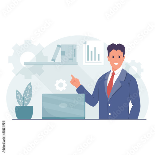 a business man is explaining how to sell