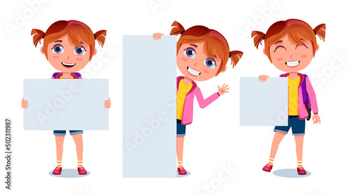 School girls presenting vector character set. School female set holding and showing whiteboard elements isolated in white background for educational students presentation design. Vector illustration.
