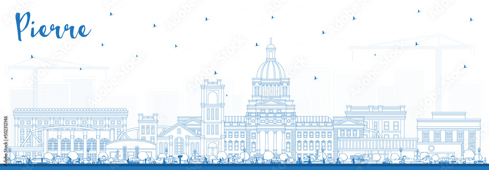 Outline Pierre South Dakota City Skyline with Blue Buildings.
