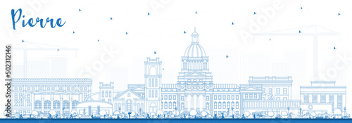 Outline Pierre South Dakota City Skyline with Blue Buildings.