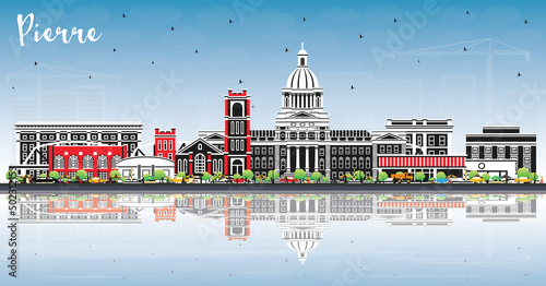 Pierre South Dakota City Skyline with Color Buildings, Blue Sky and Reflections.