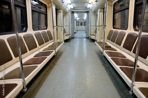 Empty subway car. Interior of the Moscow metro train
