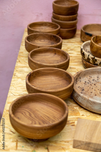Handmade wooden bowls on a table
