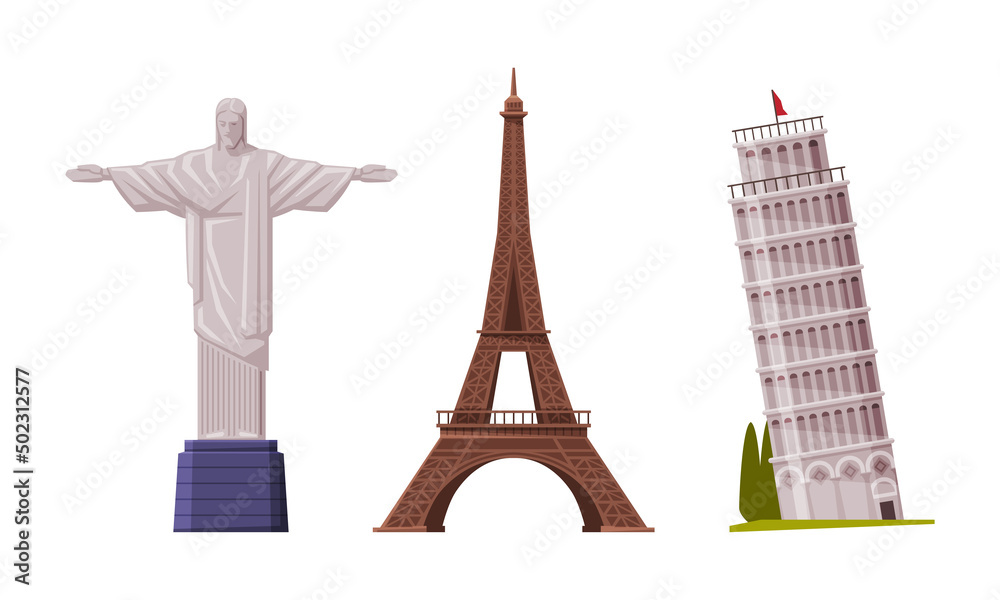 Christ the Redeemer Statue and Eiffel Tower as Famous City Landmark and Travel and Tourism Symbol Vector Set