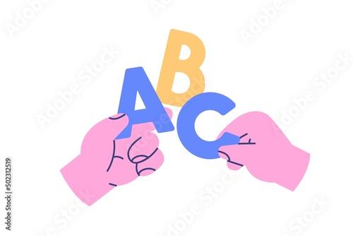 ABC, basic alphabet letters in hands icon. Arms holding A, B, C for kids education, learning, studying. Easy elementary for beginners. Flat graphic vector illustration isolated on white background