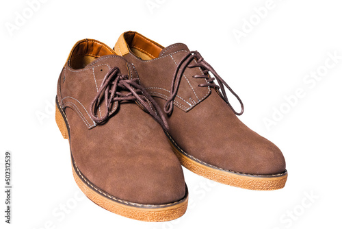 Casual brown shoes with laces on a white background.